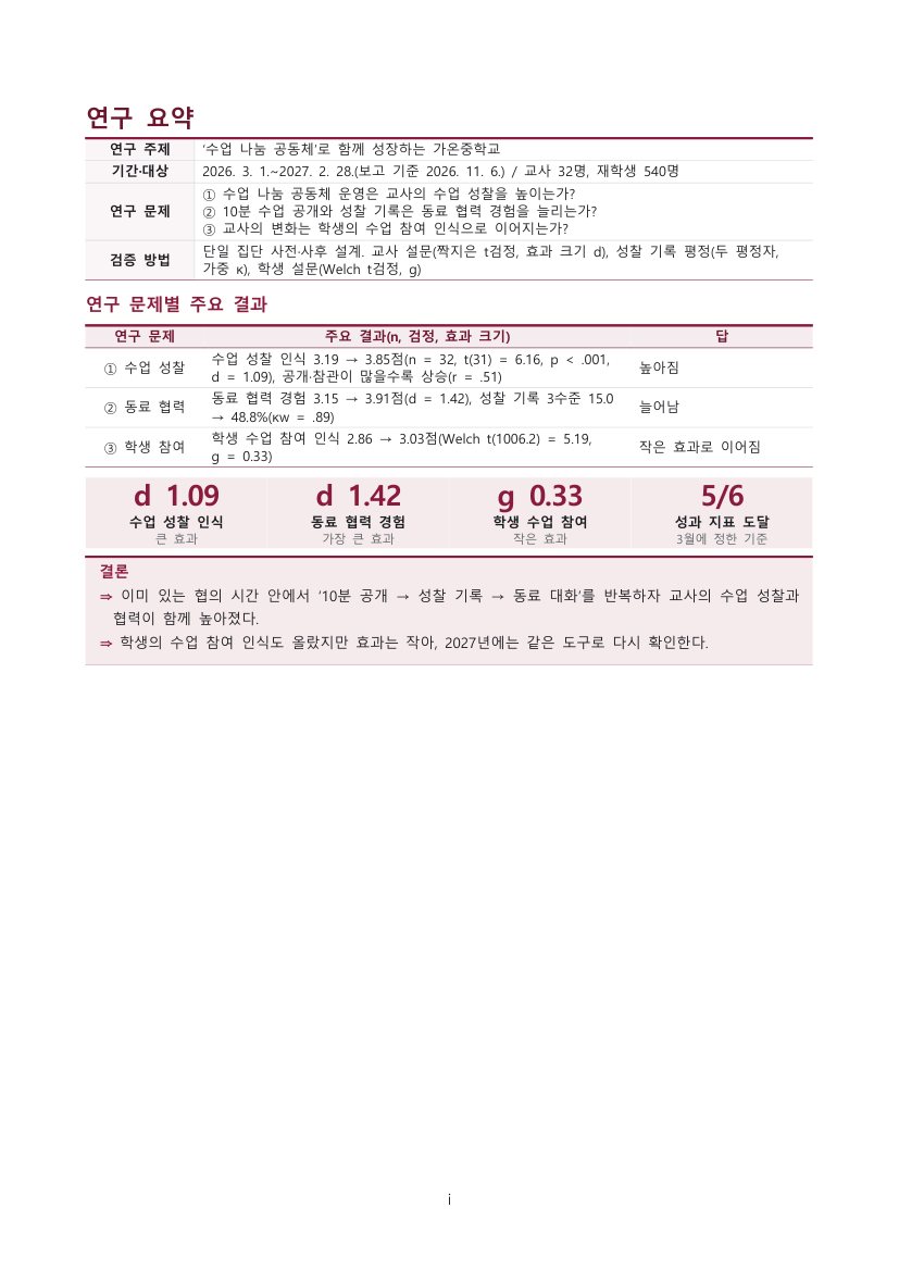 연구 요약 쪽: 연구 문제별 결과 표와 효과 크기 카드